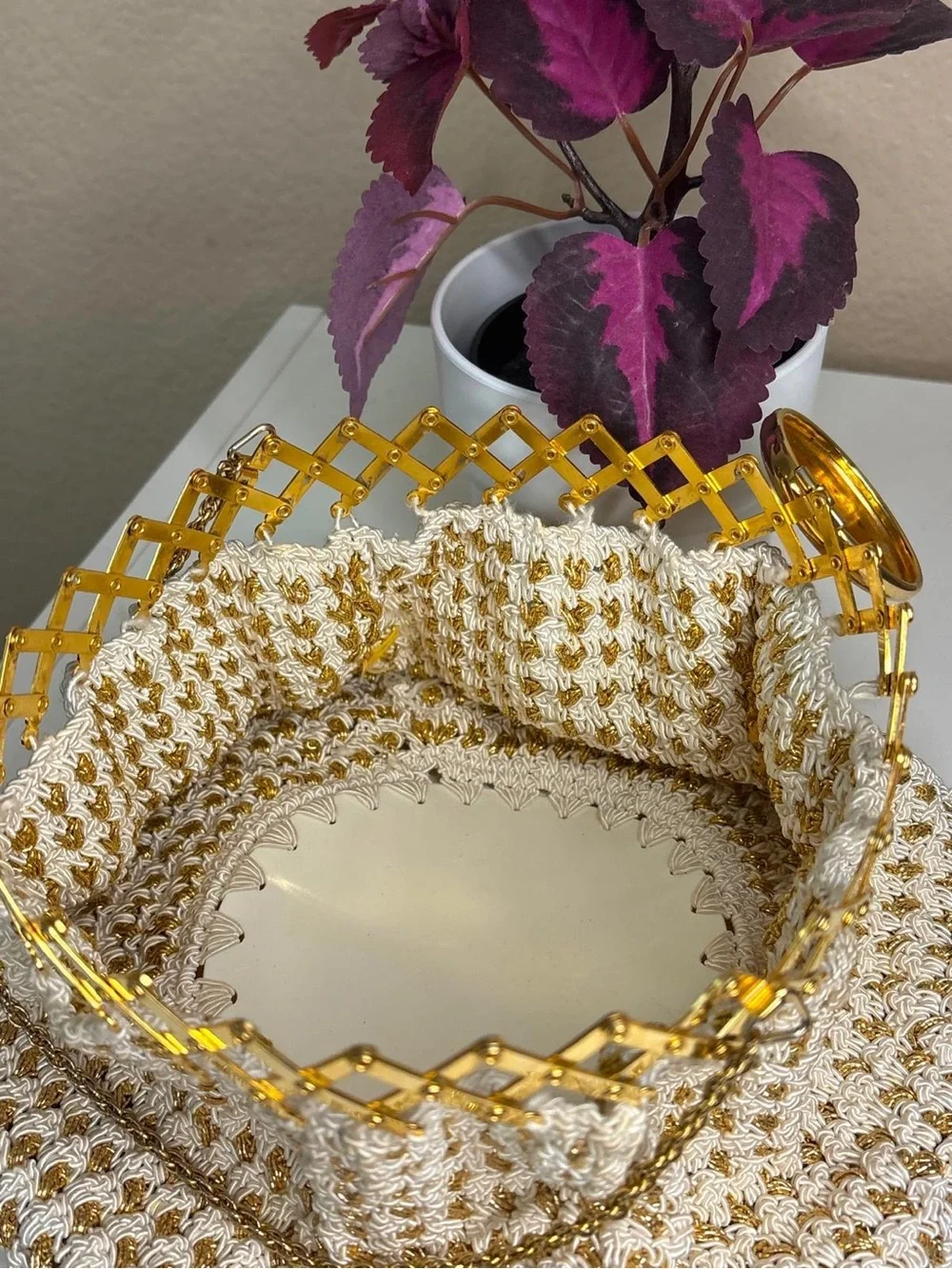 Vintage Made in Germany Gold White Cord Cage Top Handle Evening Bag
